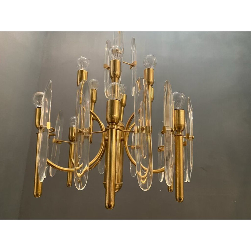 Pair of vintage Brass & Crystal Ceiling Lamps by Gaetano Sciolari 1970s