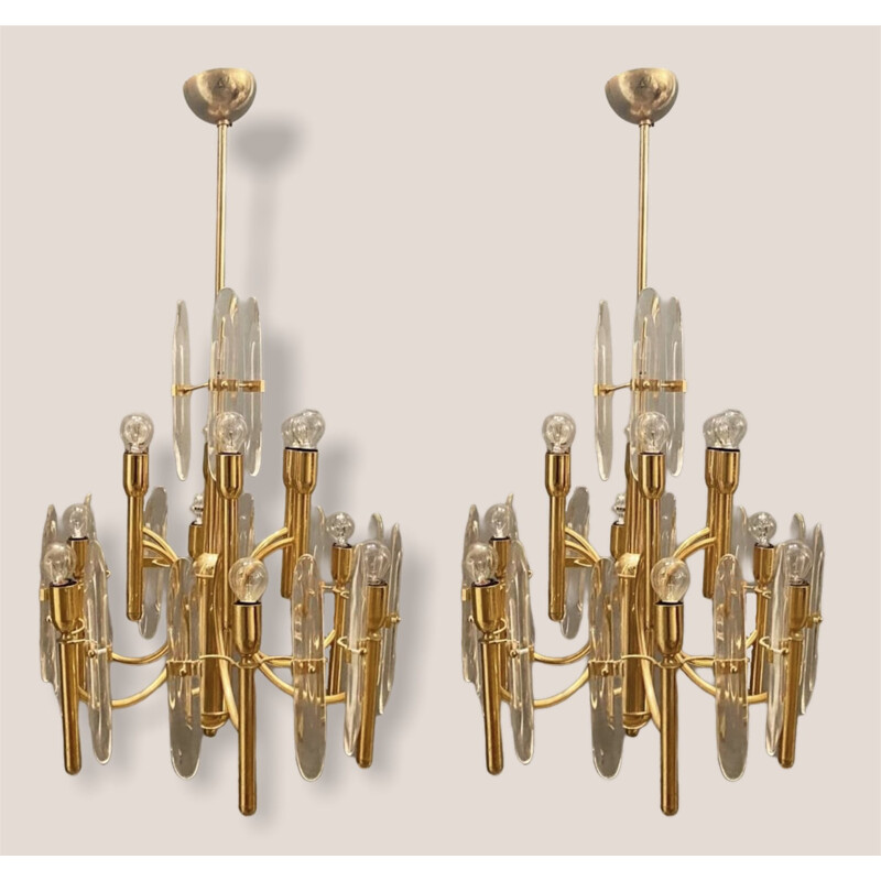 Pair of vintage Brass & Crystal Ceiling Lamps by Gaetano Sciolari 1970s