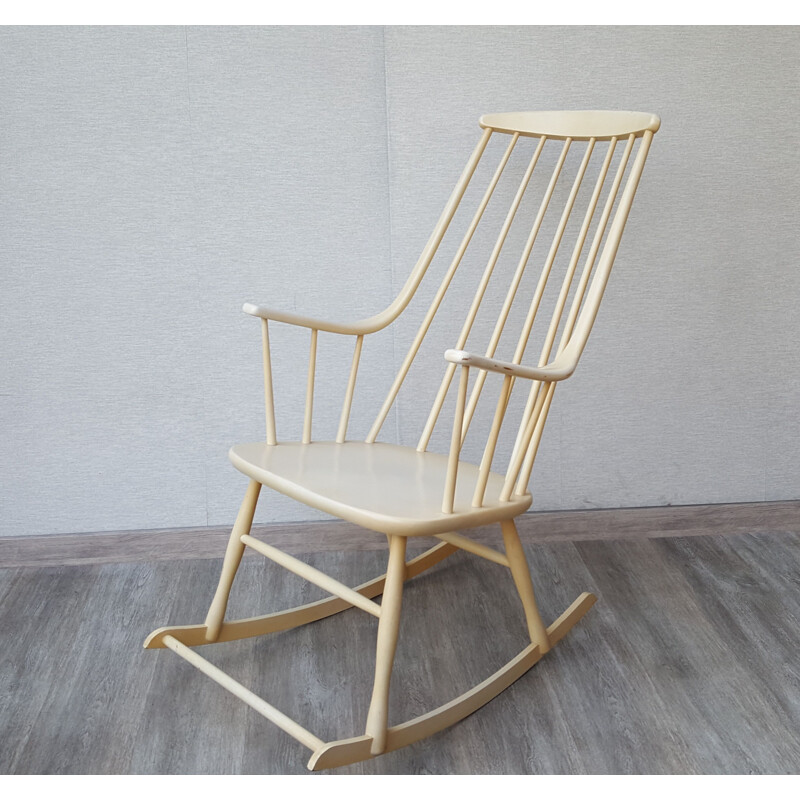 Fauteuil à bascule vintage beige en bois courbe