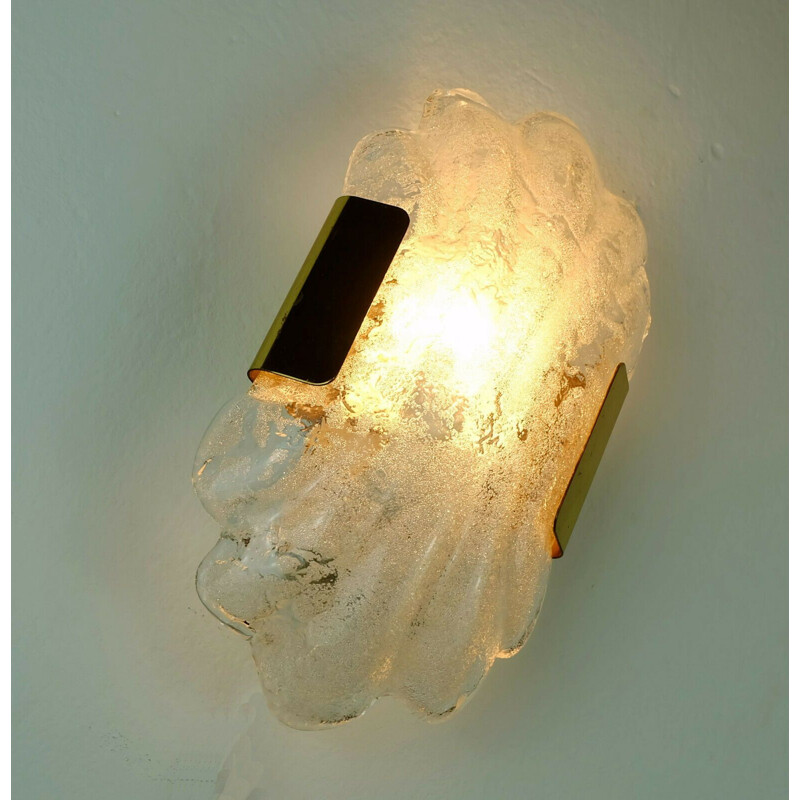 Vintage shell-shaped mid Sconce ice glass and brass wall lamp 1970s