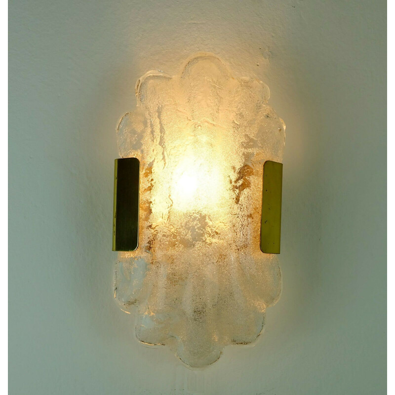 Vintage shell-shaped mid Sconce ice glass and brass wall lamp 1970s