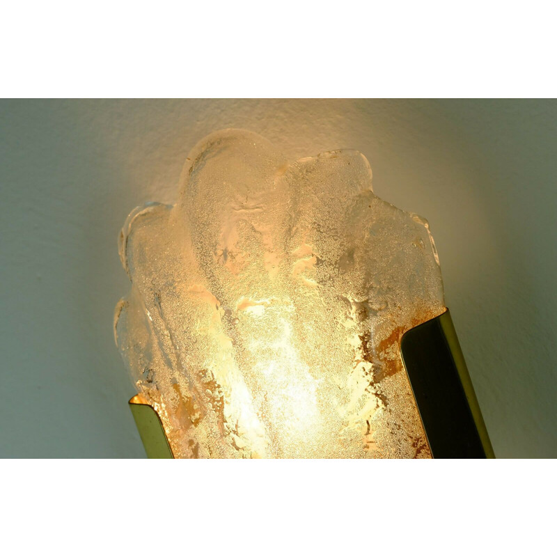 Vintage shell-shaped mid Sconce ice glass and brass wall lamp 1970s