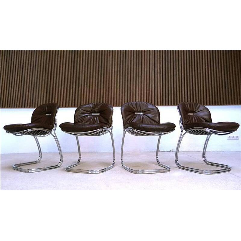 Suite de quatre chaises italiennes Rima en métal et cuir, Gastone RINALDI - 1970