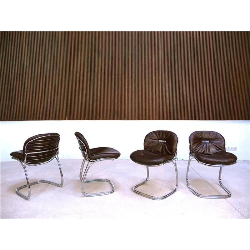 Suite van vier Italiaanse Rima stoelen in metaal en leer, Gastone RINALDI - 1970