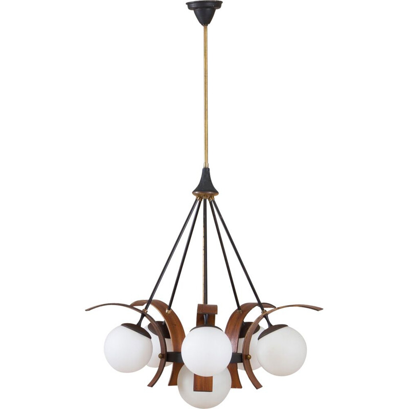 Vintage chandelier in teak and brass to Stilnovo, Italian 1950s