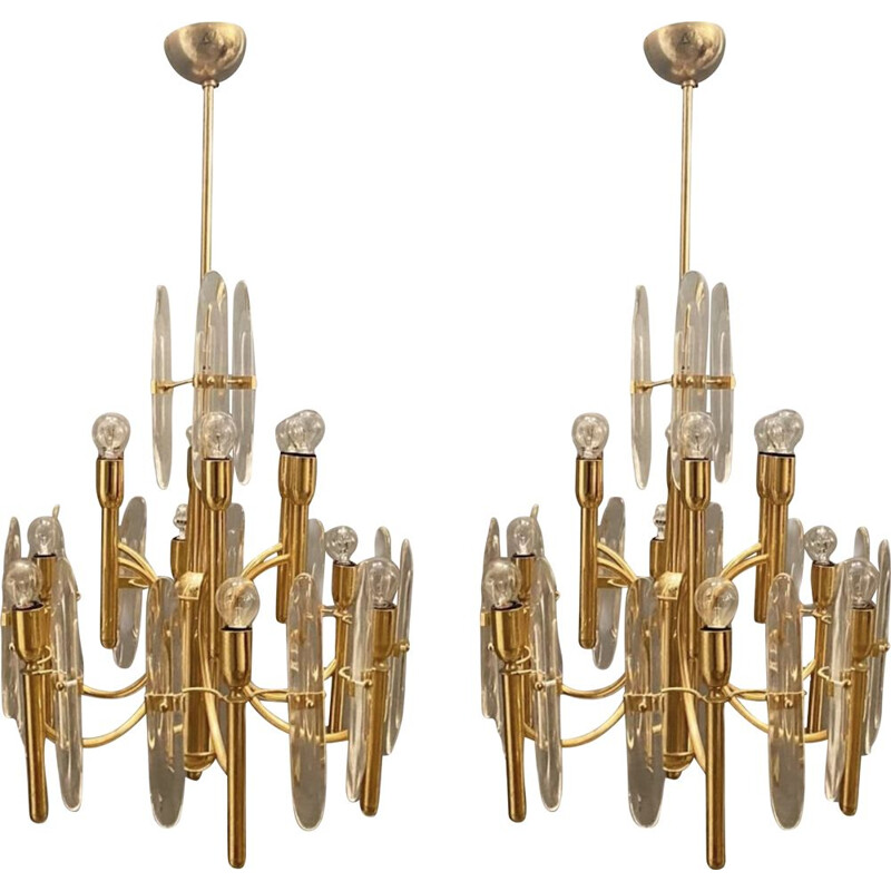 Pair of vintage Brass & Crystal Ceiling Lamps by Gaetano Sciolari 1970s