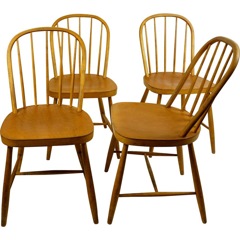 Lot de 4 chaises vintage Windsor en hêtre d'époque par Josef Frank, Scandinave 1960