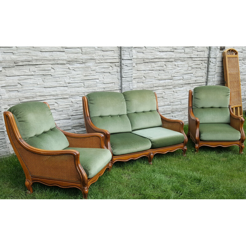 Fauteuil lounge vintage en rotin et bois