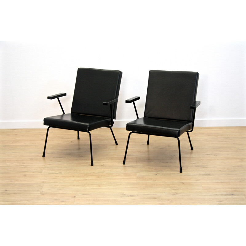 Paire de fauteuils Gispen en simili cuir noir, Wim RIETVELD - 1950