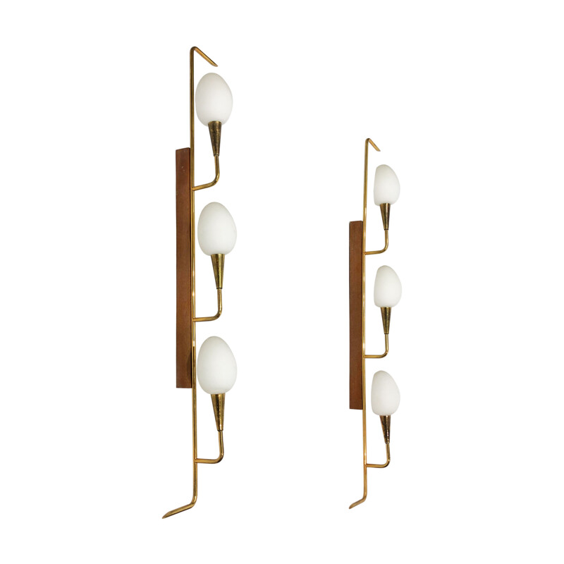 Pair of vintage teak and brass wall wall lamps, Italy 1950