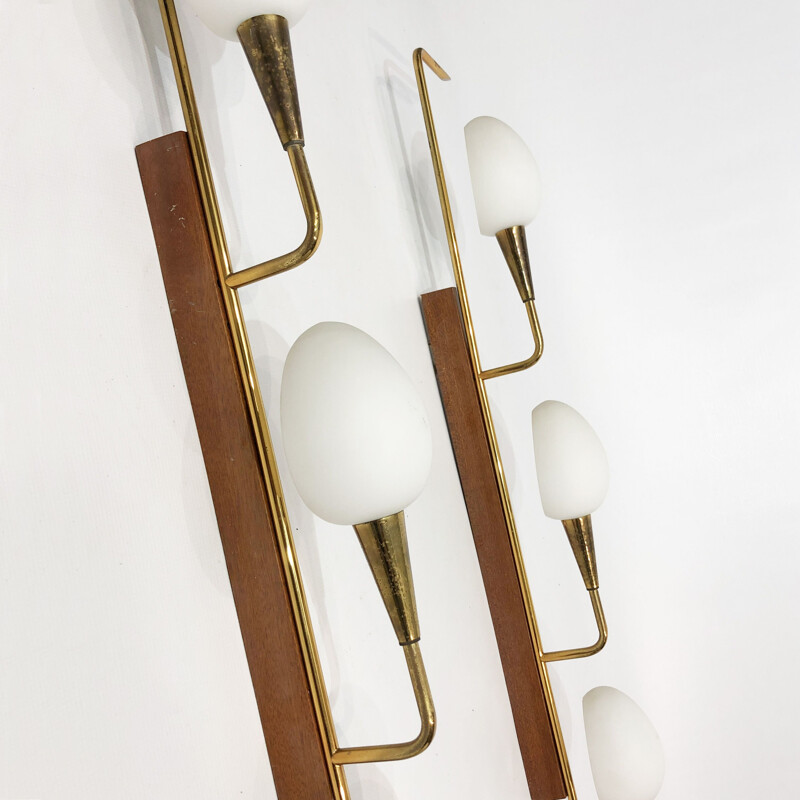 Pair of vintage teak and brass wall wall lamps, Italy 1950