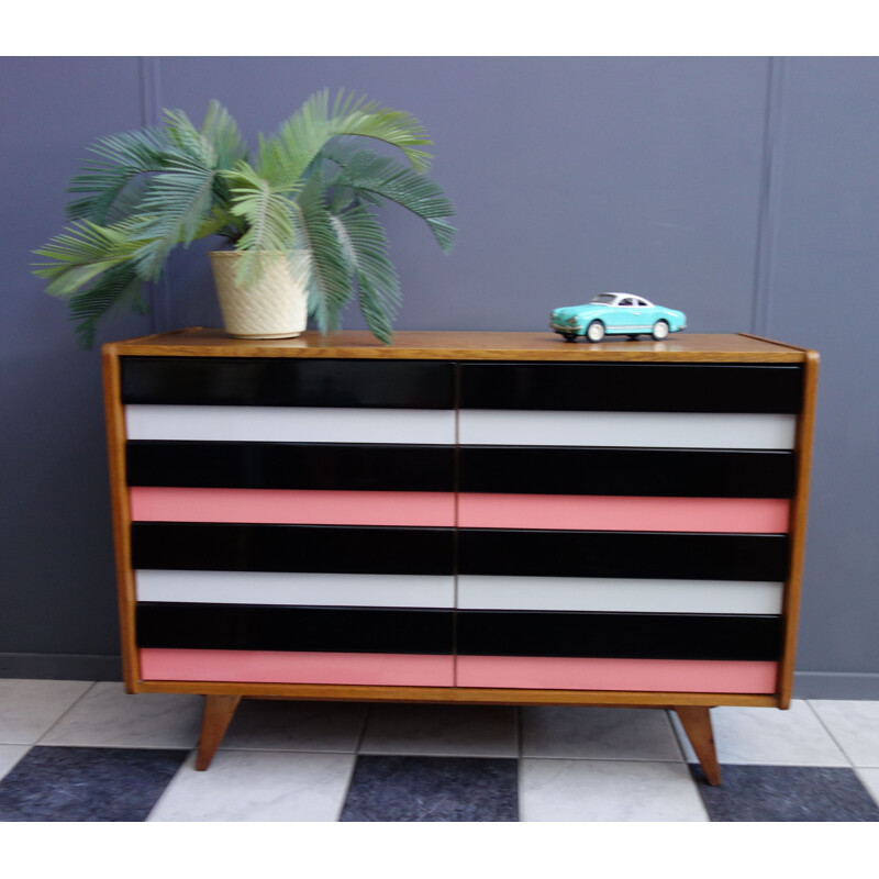 Vintage Sideboard Pink and Black Jiroutek drawer model U450 1960s