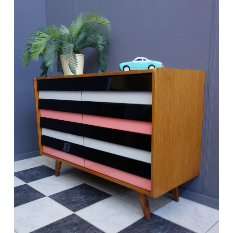 Vintage Sideboard Pink and Black Jiroutek drawer model U450 1960s