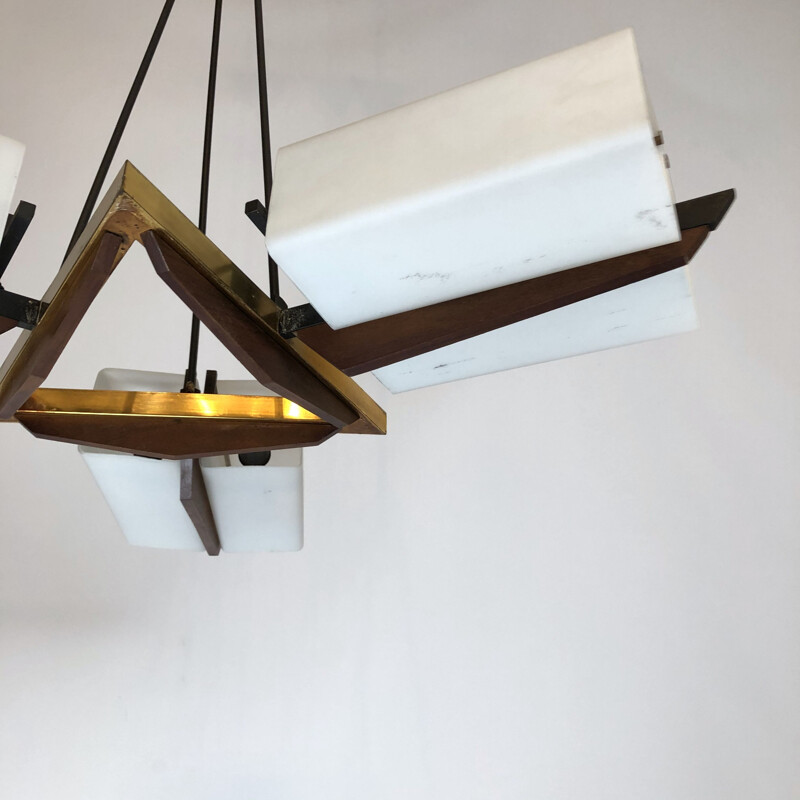 Vintage Stilux Milano brass teak and opaline glass chandelier 1960s