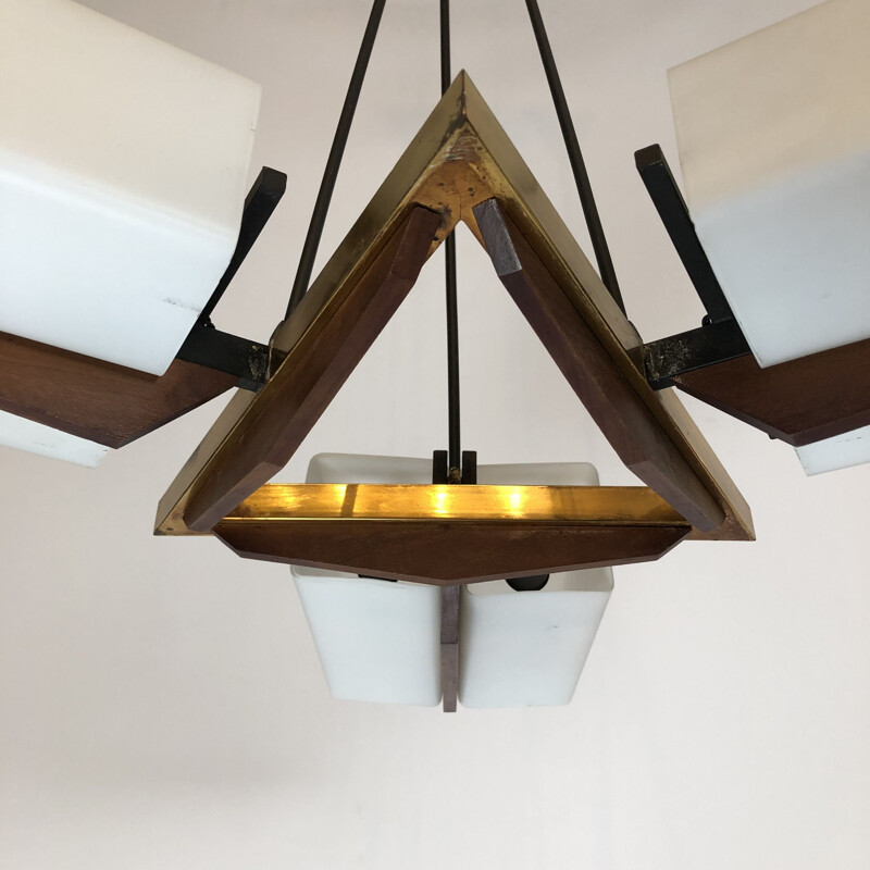 Vintage Stilux Milano brass teak and opaline glass chandelier 1960s