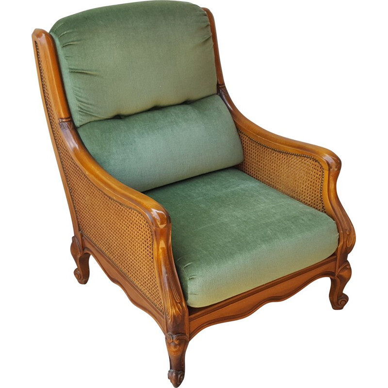 Fauteuil lounge vintage en rotin et bois