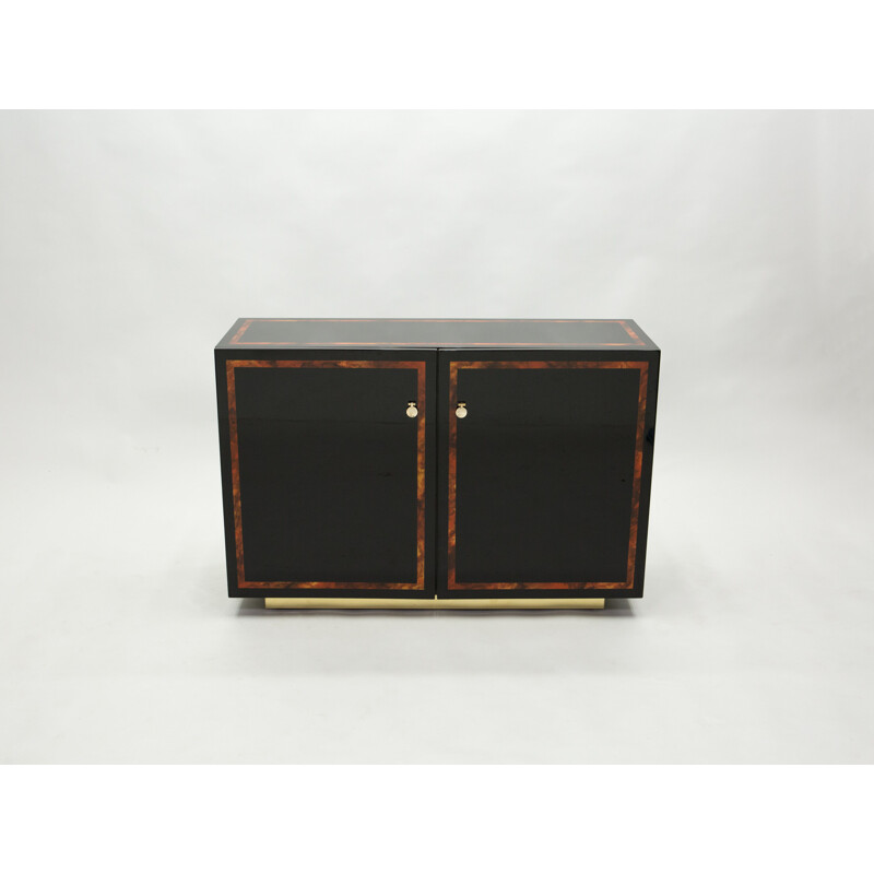 Vintage black lacquered burr and brass sideboard by Jean Claude Mahey, 1970