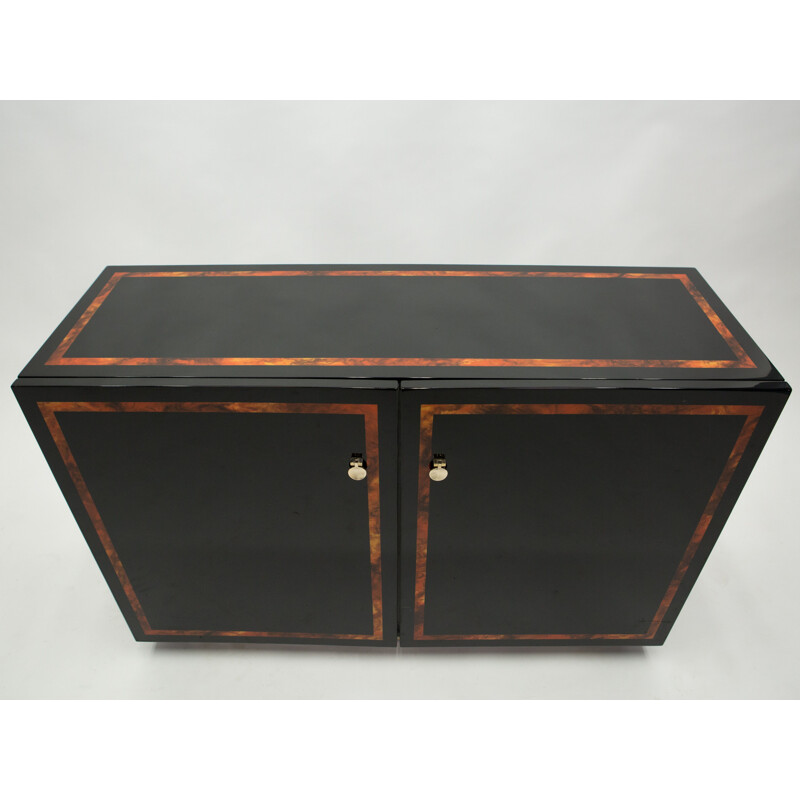 Vintage black lacquered burr and brass sideboard by Jean Claude Mahey, 1970