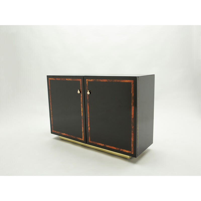 Vintage black lacquered burr and brass sideboard by Jean Claude Mahey, 1970