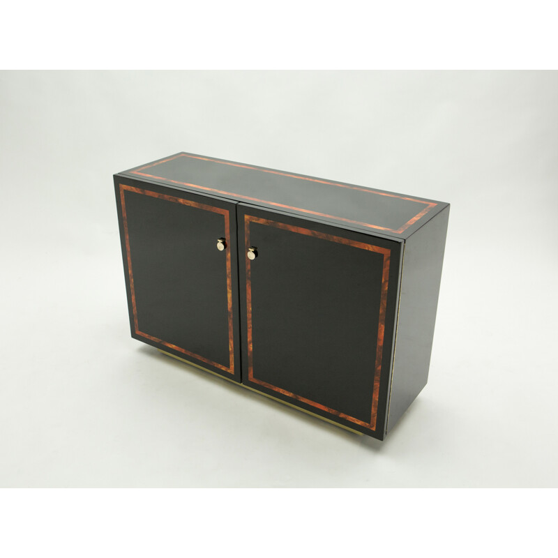 Vintage black lacquered burr and brass sideboard by Jean Claude Mahey, 1970