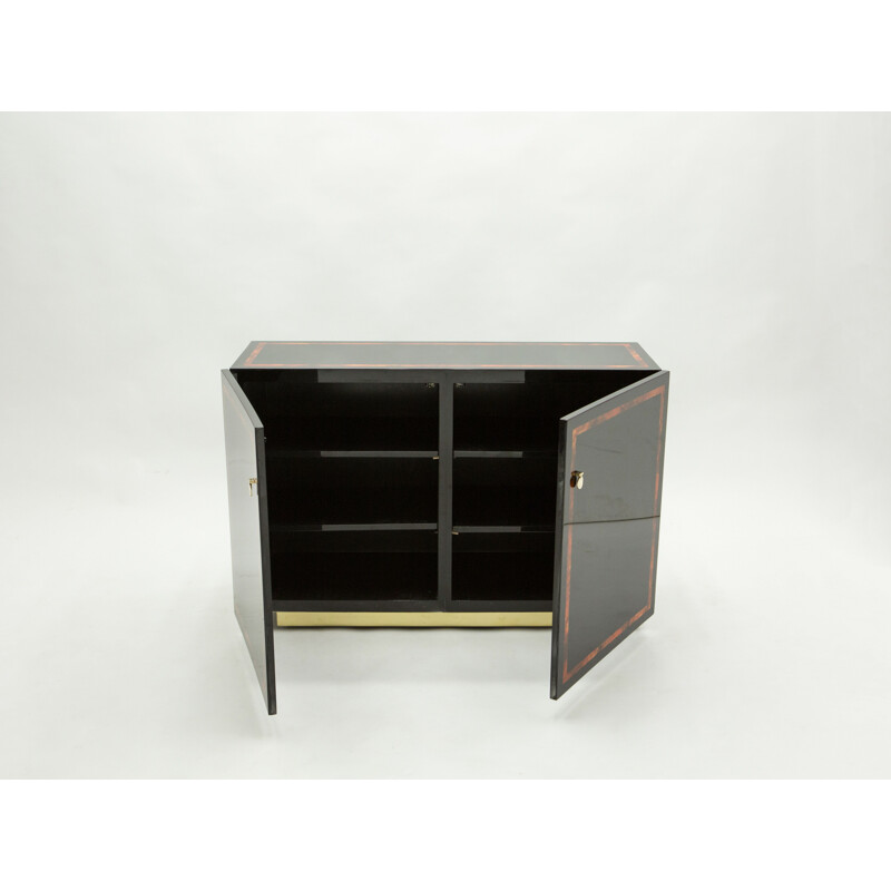 Credenza vintage in ottone e radica laccata nera di Jean Claude Mahey, 1970