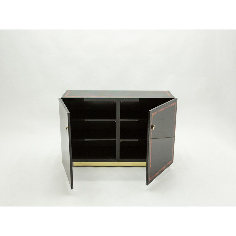 Vintage black lacquered burr and brass sideboard by Jean Claude Mahey, 1970