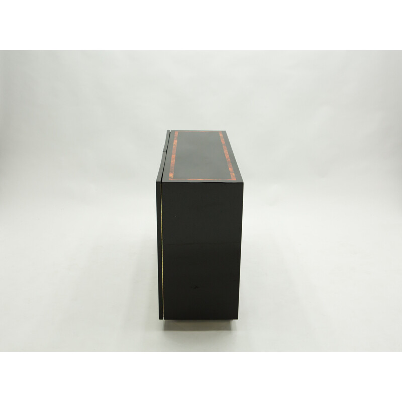 Vintage black lacquered burr and brass sideboard by Jean Claude Mahey, 1970