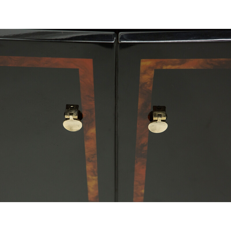 Vintage black lacquered burr and brass sideboard by Jean Claude Mahey, 1970