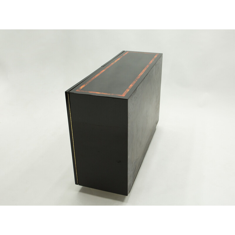 Vintage black lacquered burr and brass sideboard by Jean Claude Mahey, 1970