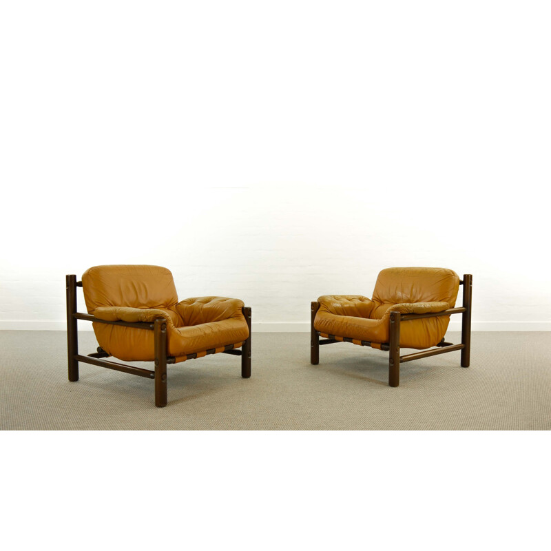 Pair of vintage Lounge Chairs in Cognac Leather, Brazilian 1970s