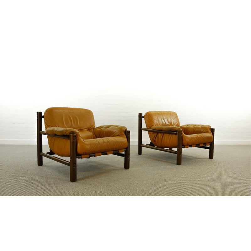 Pair of vintage Lounge Chairs in Cognac Leather, Brazilian 1970s