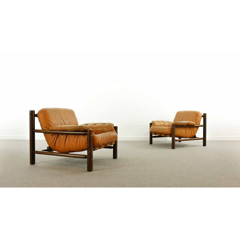 Pair of vintage Lounge Chairs in Cognac Leather, Brazilian 1970s