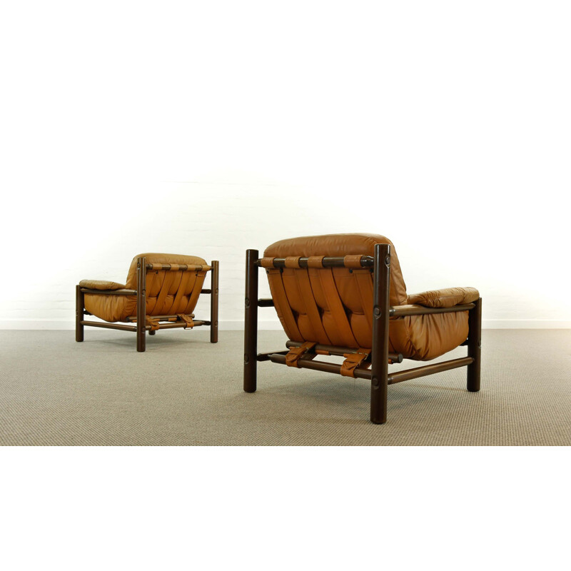 Paire de fauteuils lounge vintage en cuir cognac, Brésil 1970