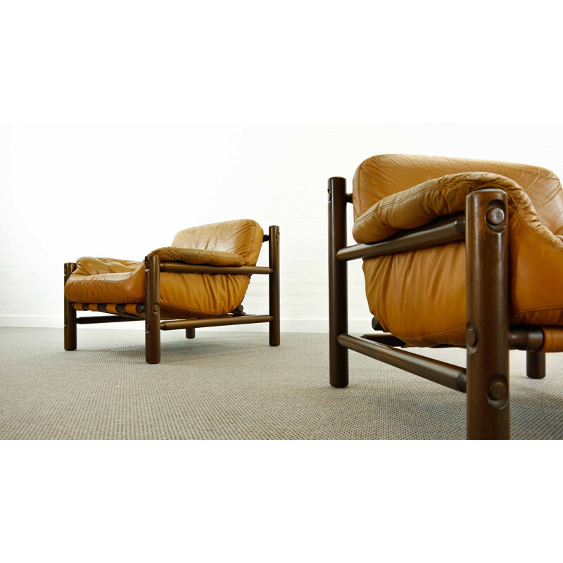 Pair of vintage Lounge Chairs in Cognac Leather, Brazilian 1970s