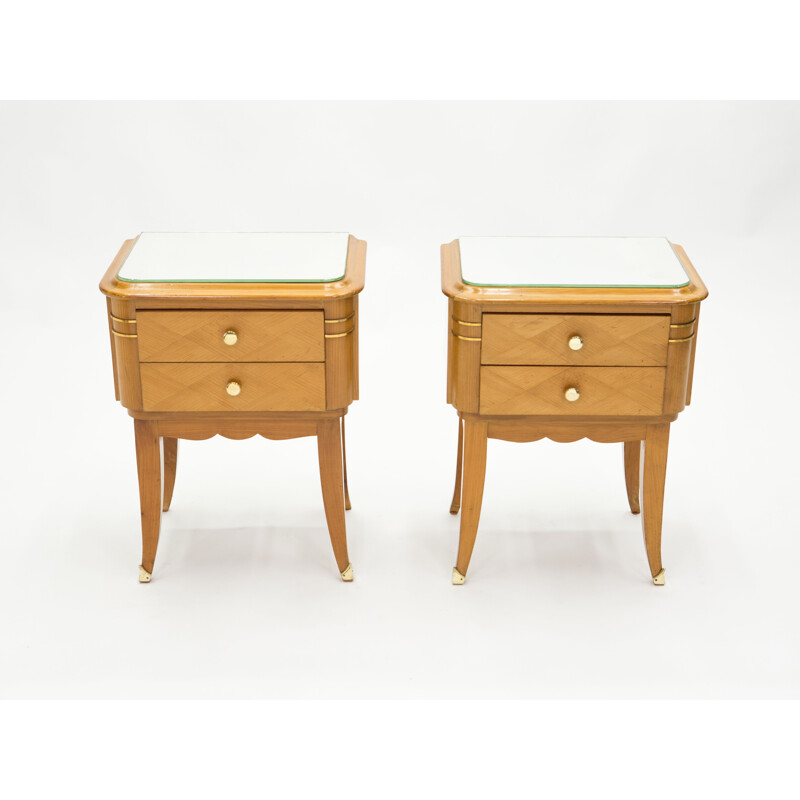 Pair of vintage mirror brass sycamore bedside tables by Jean Pascaud 1940s