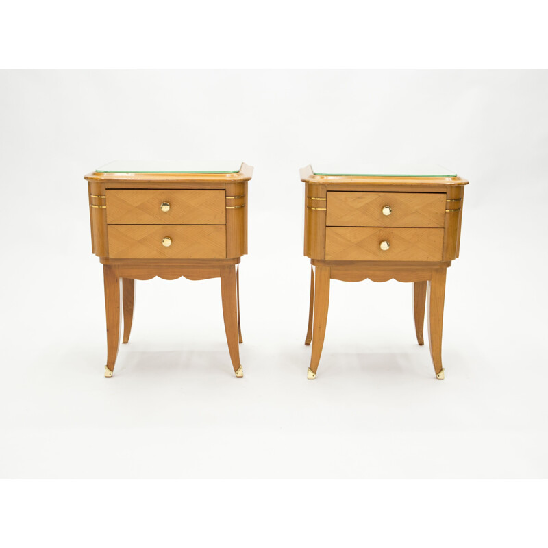 Pair of vintage mirror brass sycamore bedside tables by Jean Pascaud 1940s