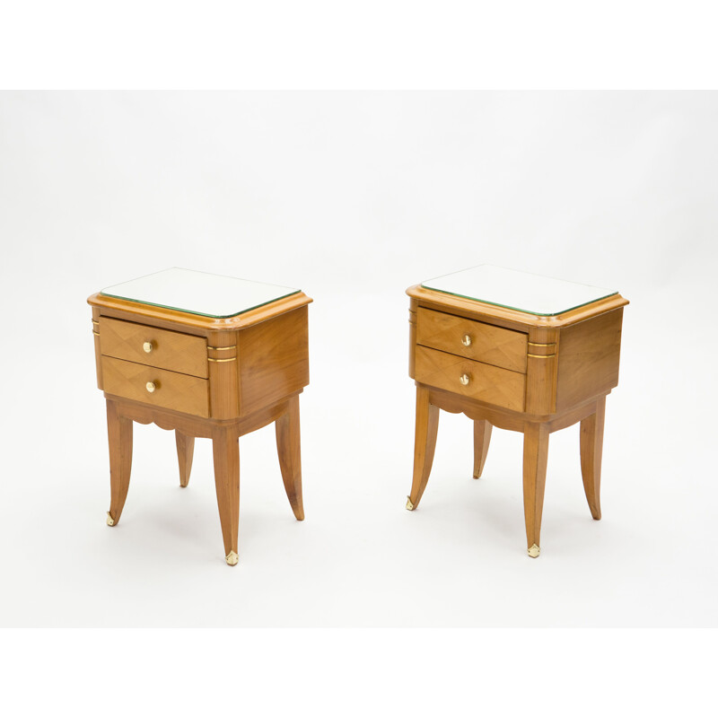 Vintage Nachttischpaar aus Bergahorn Messing Spiegel von Jean Pascaud 1940