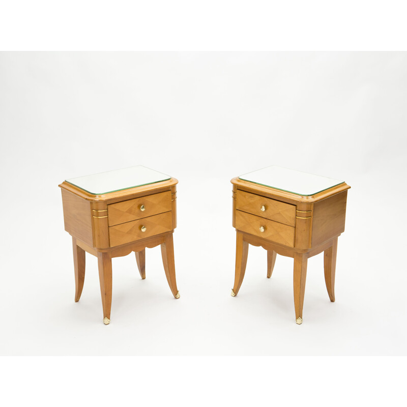 Pair of vintage mirror brass sycamore bedside tables by Jean Pascaud 1940s