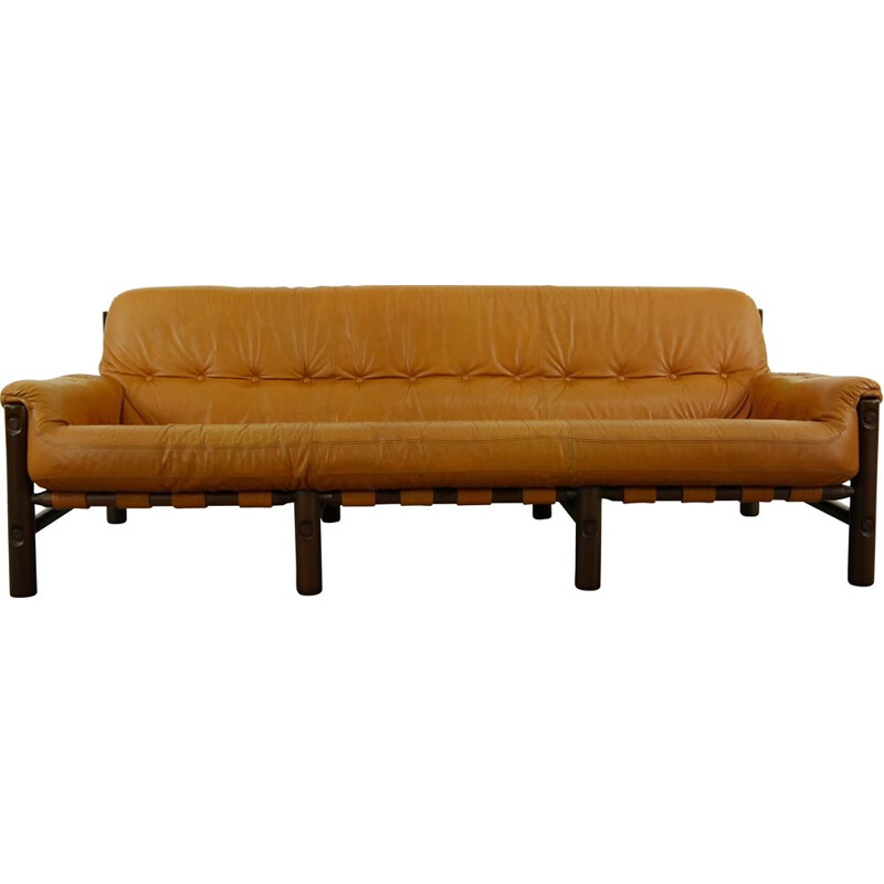 Vintage cognac leather sofa, Brésile 1970