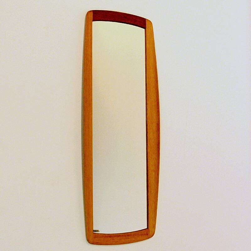 Vintage Oval and curved oak mirror Luxus by Uno & Östen Kristiansson, Sweden 1960s