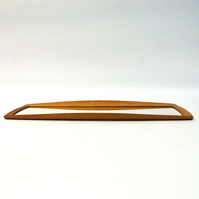 Vintage Oval and curved oak mirror Luxus by Uno & Östen Kristiansson, Sweden 1960s