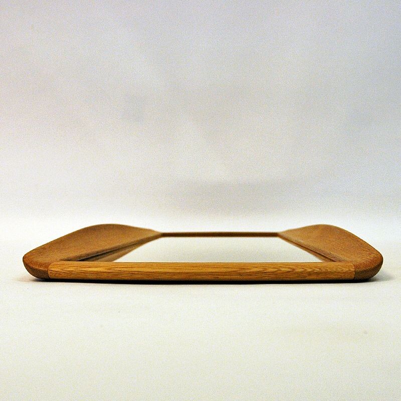 Vintage Oval and curved oak mirror Luxus by Uno & Östen Kristiansson, Sweden 1960s