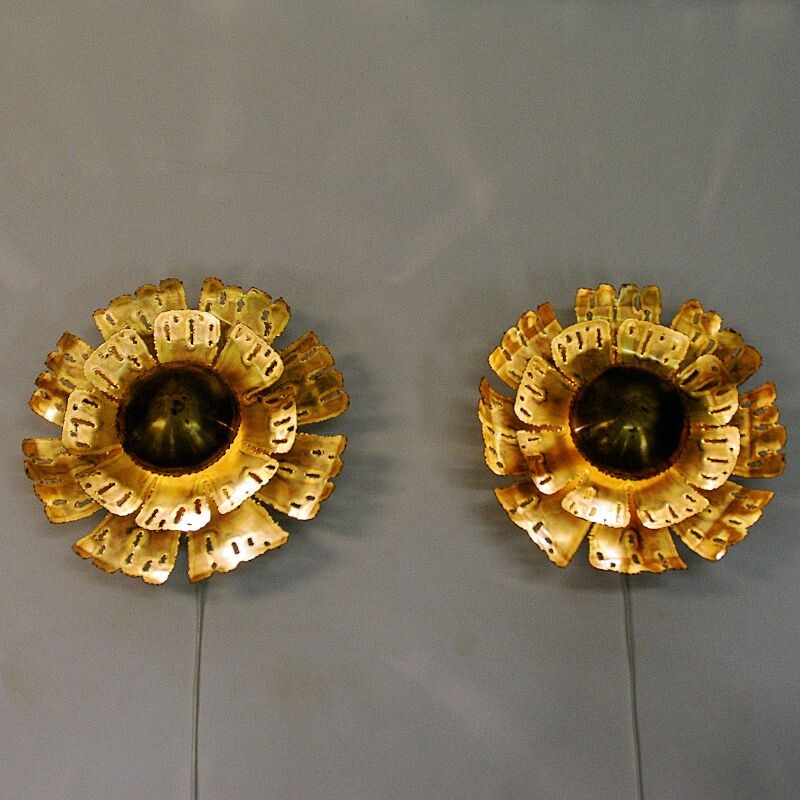 Pair of vintage Brutalist Brass Flower wall lamps by Svend Aage Holm-Sorensen, Danish 1960s