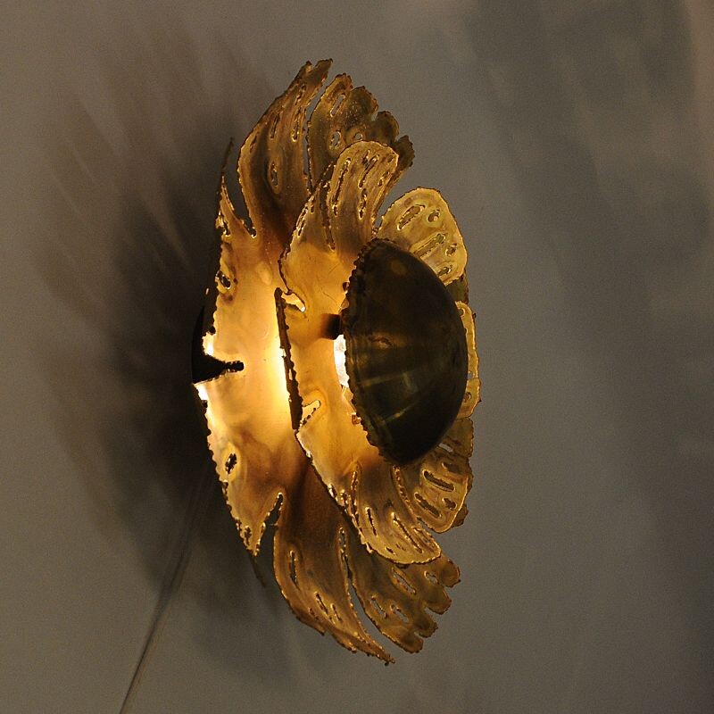 Pair of vintage Brutalist Brass Flower wall lamps by Svend Aage Holm-Sorensen, Danish 1960s