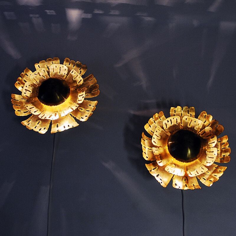 Pair of vintage Brutalist Brass Flower wall lamps by Svend Aage Holm-Sorensen, Danish 1960s