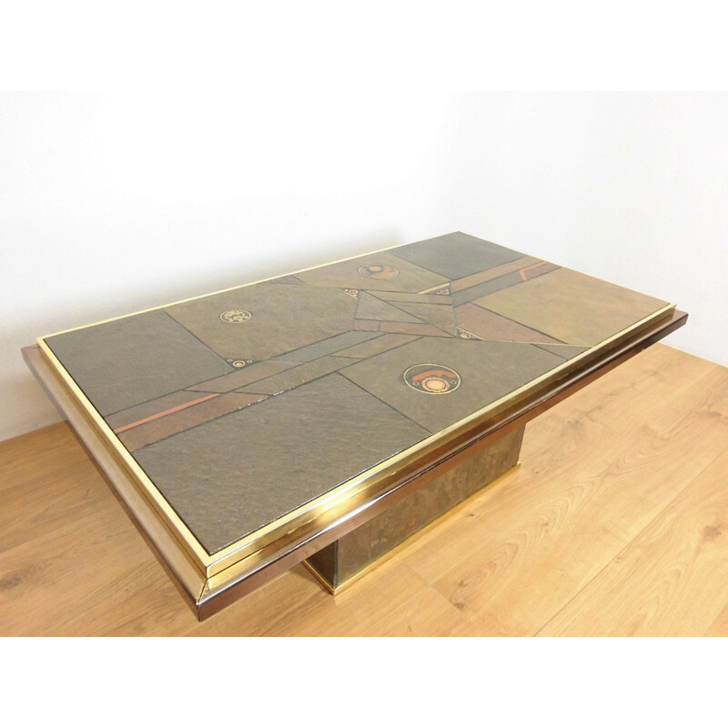 Table basse vintage brutaliste en laiton bronze et pierre, 1970