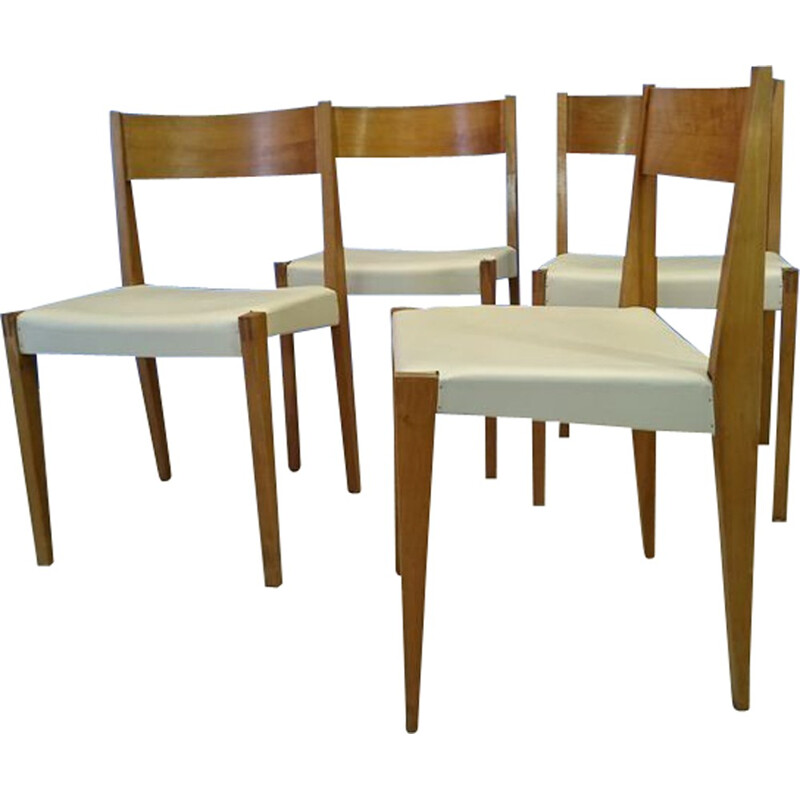 Set of 4 Scandinavian dining chairs in wood and cream leatherette, Poul CADOVIUS - 1960s