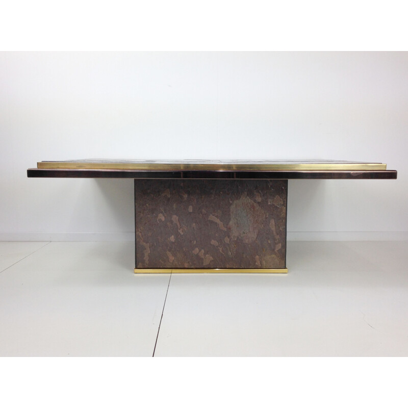 Tavolino vintage brutalista in ottone e pietra, 1970