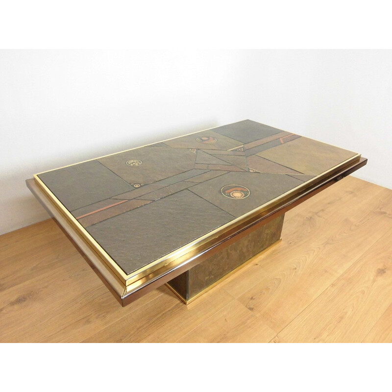 Table basse vintage brutaliste en laiton bronze et pierre, 1970