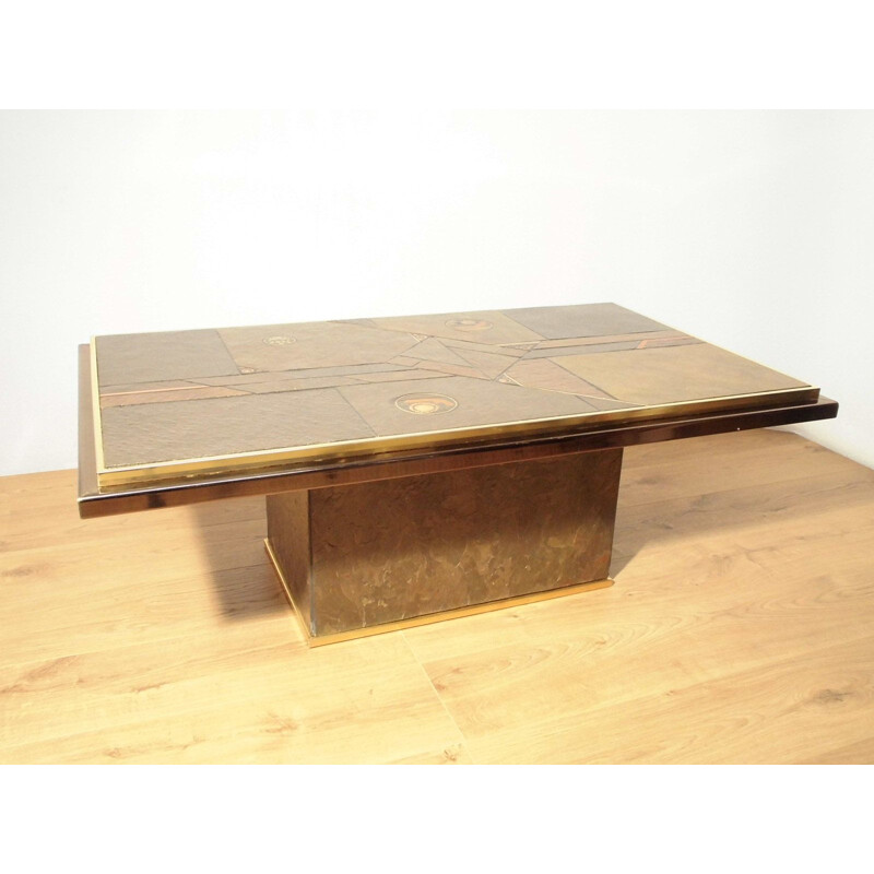 Table basse vintage brutaliste en laiton bronze et pierre, 1970